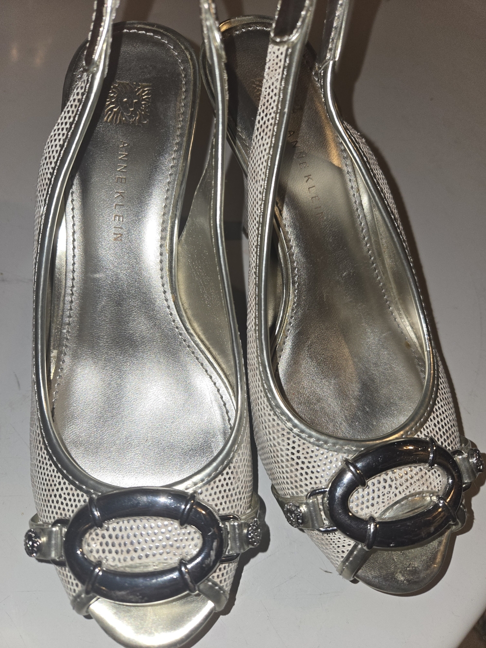 Anne Klein Silver Metallic Slingback Peep-Toe Mules